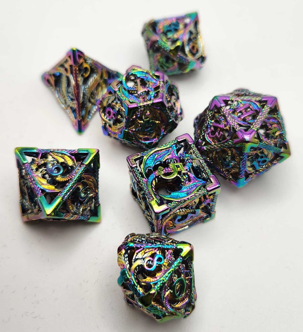 Set of colorful polyhedral dice on a white background