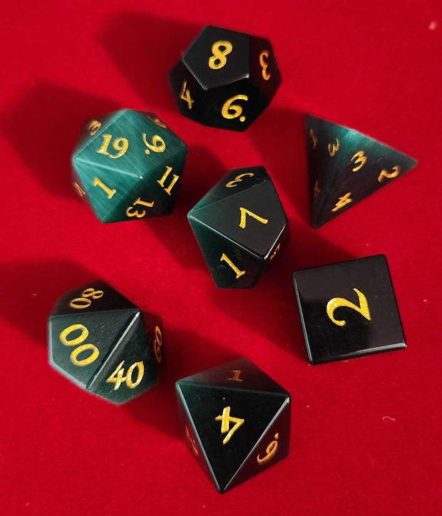 Mizuki's Hoard Green Cat's Eye Gemstone Polyhedral Dice Set